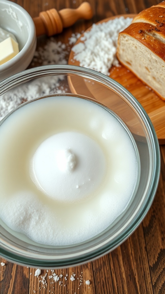 Troubleshooting Yeast Not Foaming in Bread Making Bowl of warm water with yeast foaming, surrounded by baking ingredients.